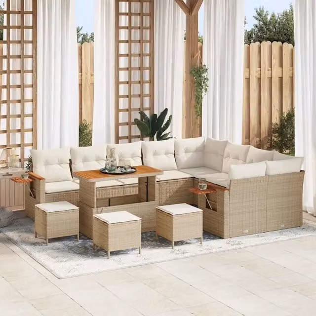Set Divano da Giardino vidaXL 14 Pezzi Beige e Bianco con Cuscini e Tavolino da Esterno a Forma di U