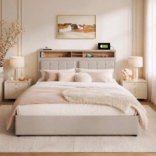 Letto imbottito matrimoniale 140x200 in lino con testiera regolabile; USB/Type-C e contenitore