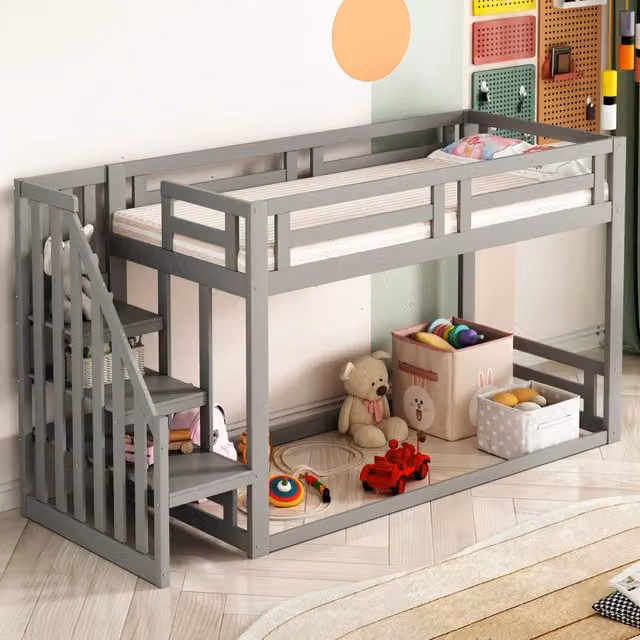 Letto a castello MIVRAY per bambini in legno e MDF grigio con scala a gradini e scomparti laterali L/P/H: 253.4 x 90 x 200 cm