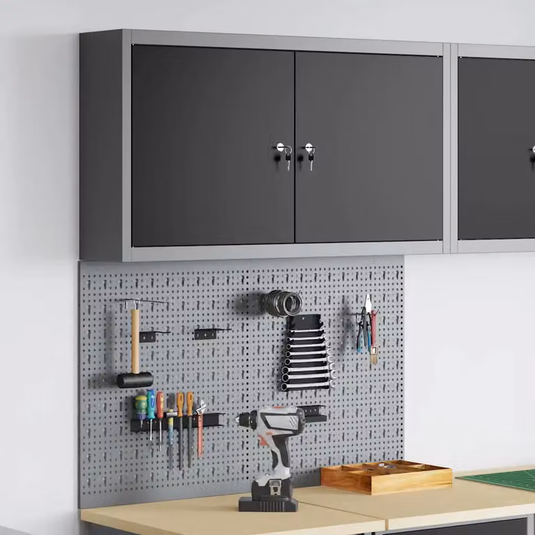 Set di 3 armadi per attrezzi vidaXL in acciaio nero con scaffale, montabili a parete e con serratura