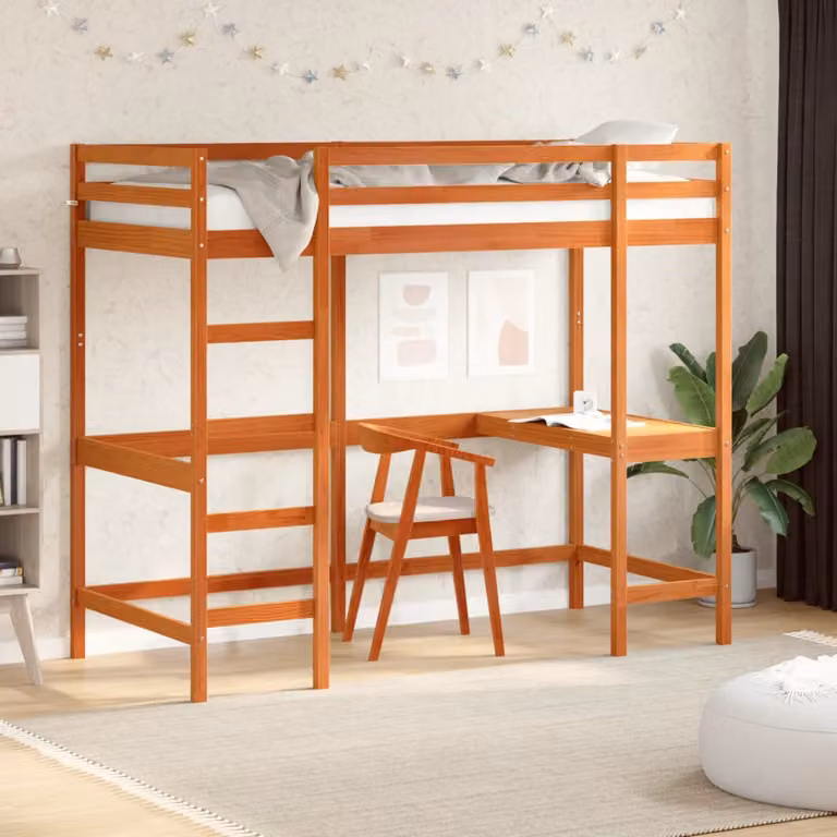 Letto Soppalco con Scrivania vidaXL in Legno di Pino Marrone Cera L/P/H: 205.5 x 90 x 175 cm