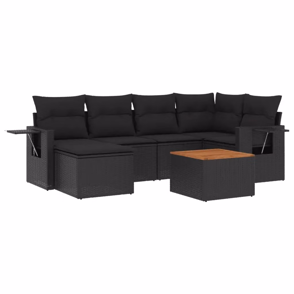 vidaXL Set Divani da Giardino a L con Cuscini 7pz Nero Polyrattan e Legno di Acacia – 2