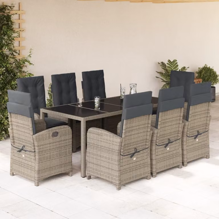 vidaXL Set da Pranzo da Giardino 9 pz in Polyrattan Grigio con Piano in Vetro