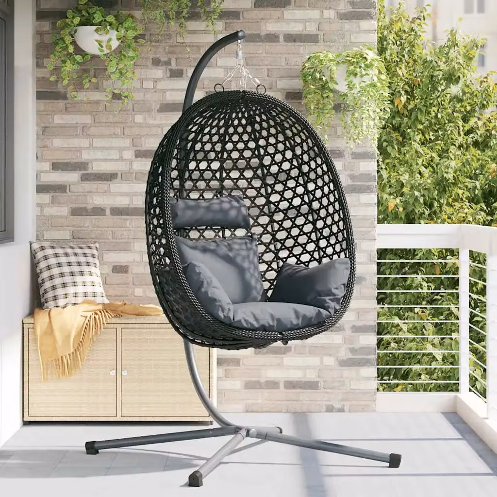 Sedia uovo sospesa moderna vidaXL in polyrattan con cuscini, colore nero antracite, L/P/H: 104 x 100 x 191 cm