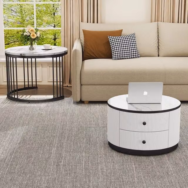Set di 2 tavolini da caffè impilabili Minimal bianchi con effetto marmo lucido e cassetti in rovere, L/P/H: 60 x 60 x 45,5 cm e 50 x 50 x 32 cm