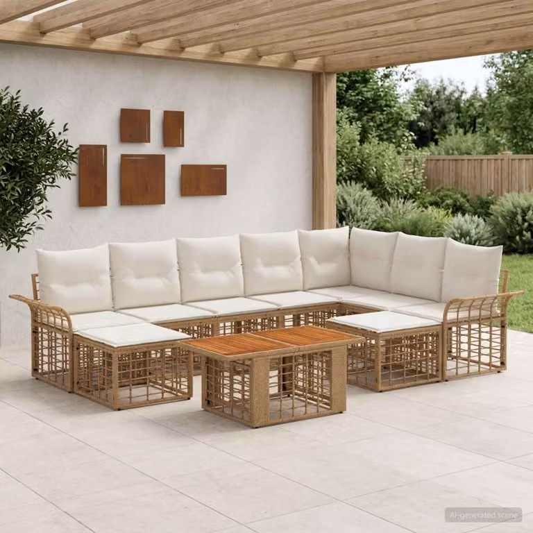 vidaXL Set Divano da Giardino 10 pz a Forma di L con Tavolino e Pouf, Colore Naturale e Bianco Crema, Polyrattan e Acciaio