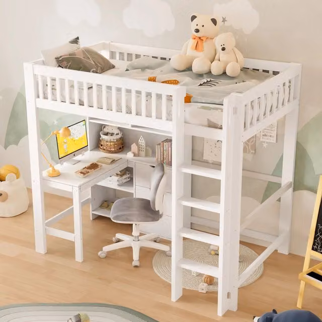 Letto a soppalco 90x200 cm con scrivania integrata; scala e cassetti; legno bianco; senza materasso