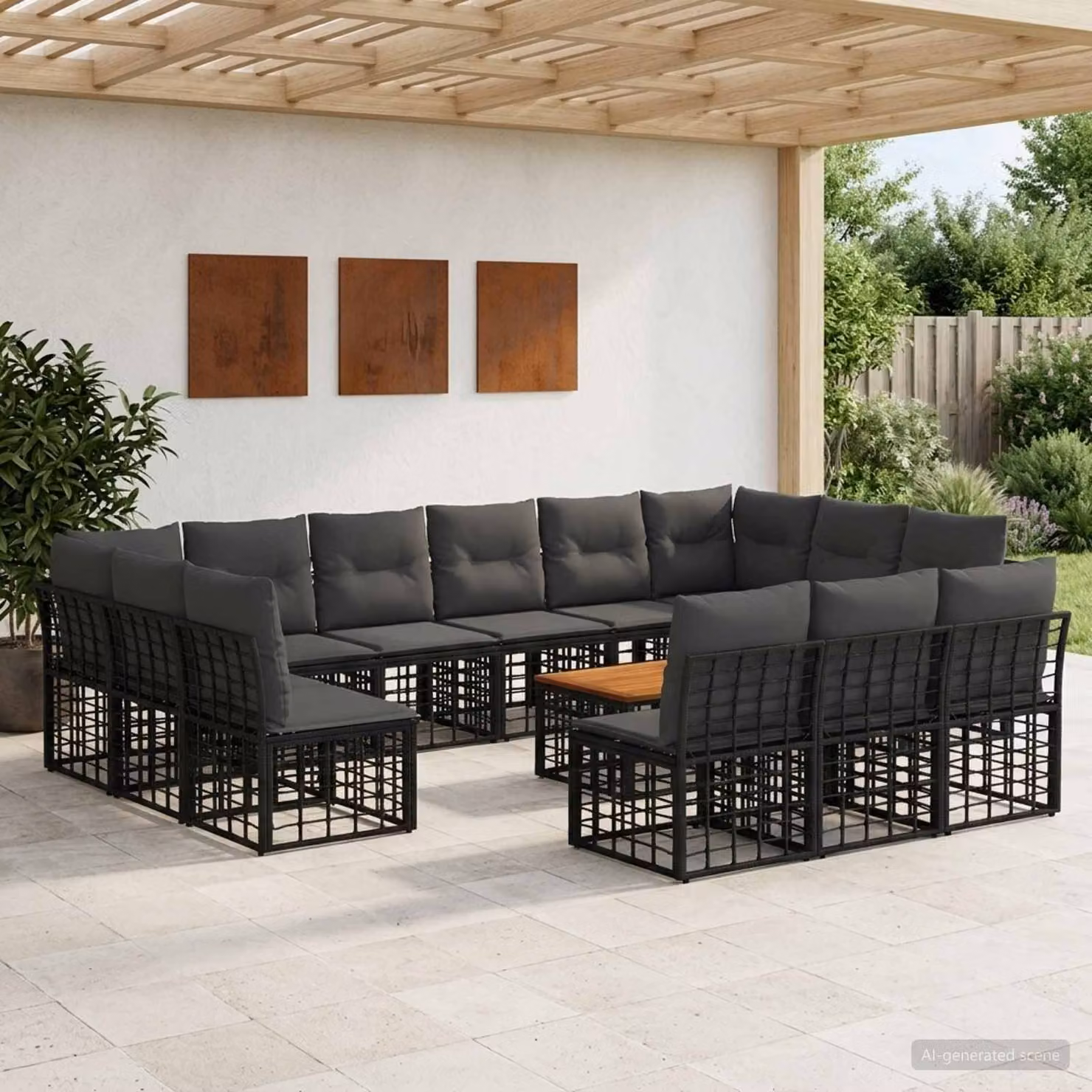 Set di divani da esterno vidaXL a forma di U composto da 14 pezzi con tavolino da caffè, colore nero e grigio, struttura in metallo e cuscini inclusi per giardino e terrazza