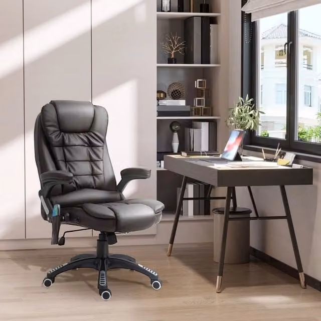 Sedia direzionale ergonomica WISHDOR con massaggio a vibrazione, funzione riscaldante e poggiatesta, in ecopelle nera o marrone per ufficio e casa – 1