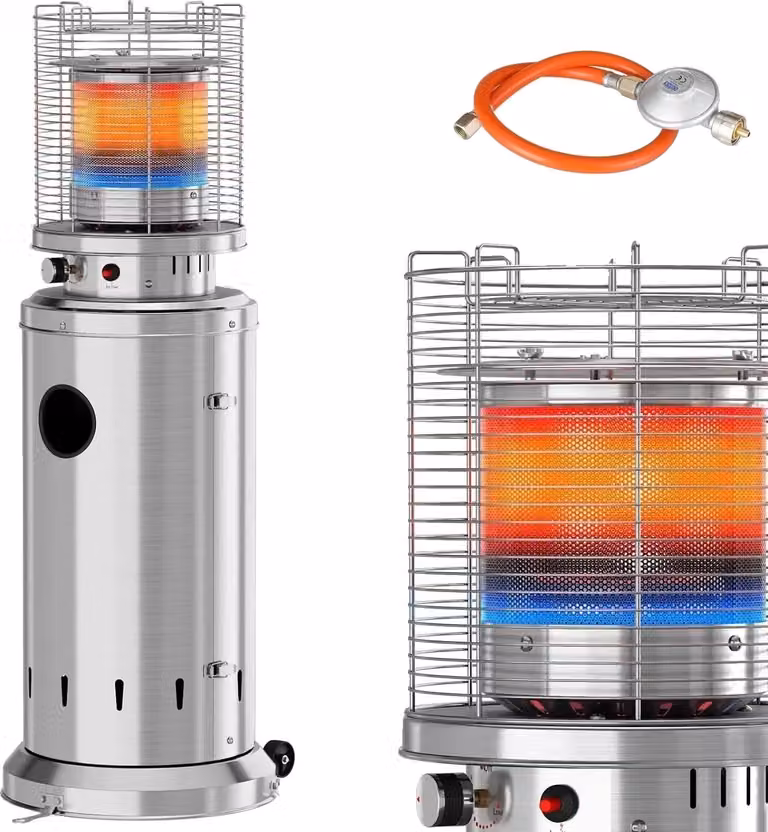 Riscaldatore da terrazza, bruciatore a gas da 6,5 kW, caratteristiche di sicurezza, argento