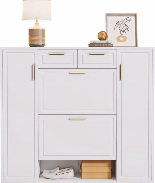 Mobile portascarpe Chicfurn bianco con 2 cassetti e vani aperti per ingresso L: 120 cm, P: 24 cm, H: 107 cm