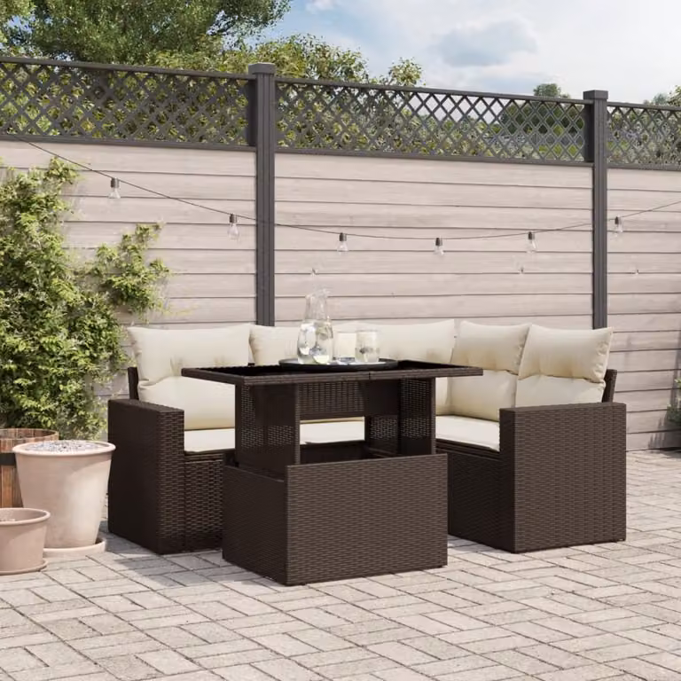 vidaXL Set Divano da Giardino a L 5 pz Marrone e Bianco con Cuscini e Tavolino in Polyrattan e Metallo