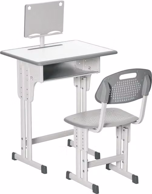 Set scrivania con sedia regolabile HOMCOM per bambini, banco scuola in metallo e MDF grigio