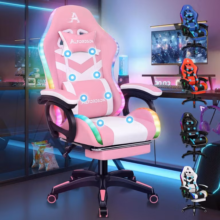 Sedia da gaming ergonomica rosa, con supporto lombare e altezza regolabile, adatta sia per adulti che per giovani