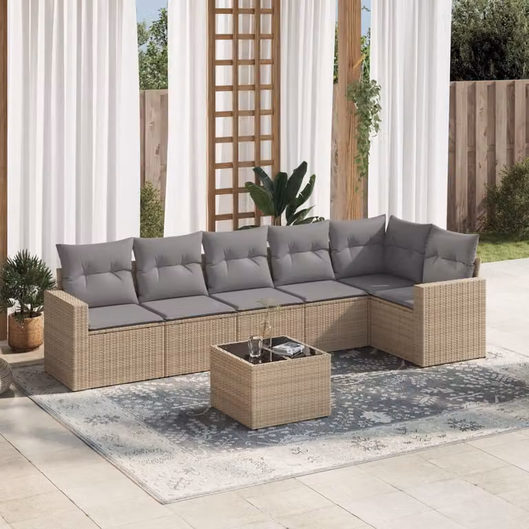 Set Divani da Giardino 7 pz vidaXL con Cuscini Beige e Tavolino in Polyrattan e Metallo