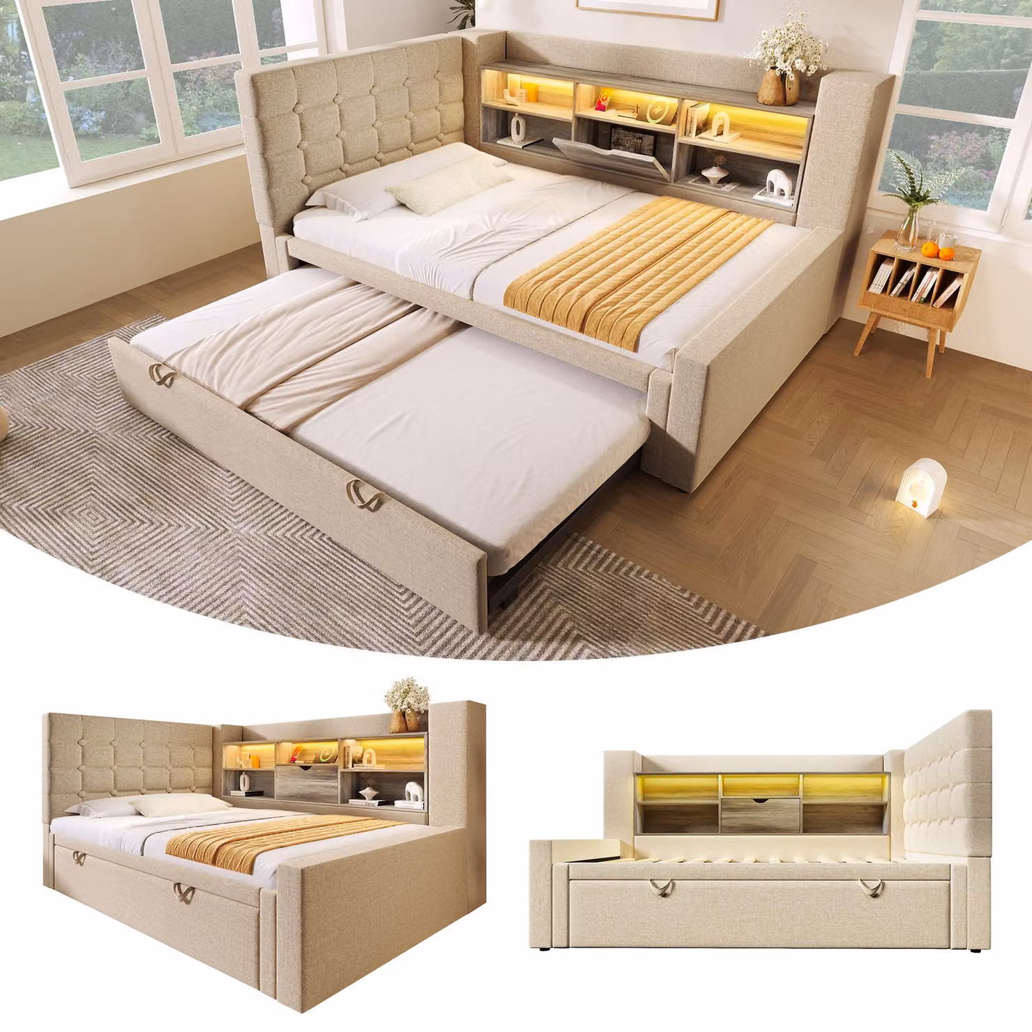 Letto imbottito 90x200 cm con letto estraibile 90x190, e illuminazione LED. Letto contenitore con testiera a forma di "L" e spazio contenitivo, reversibile e montabile su entrambi i lati