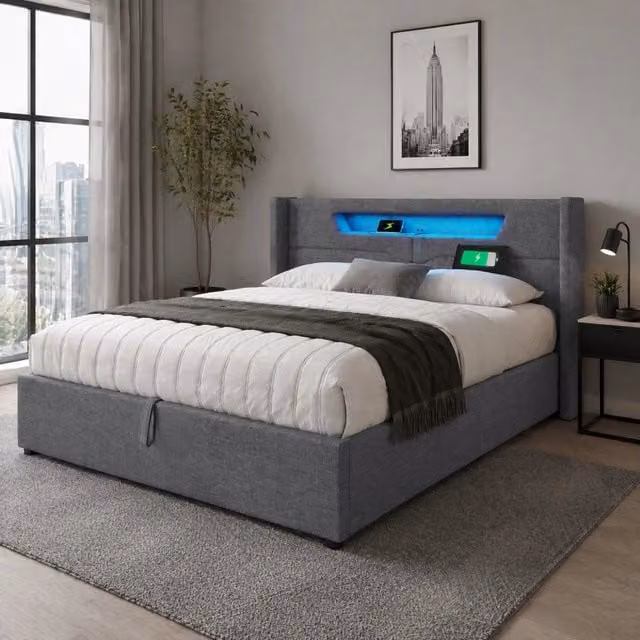 Letto matrimoniale MODFU in tessuto grigio con contenitore, illuminazione LED e porte USB, L/P: 140 x 200 cm