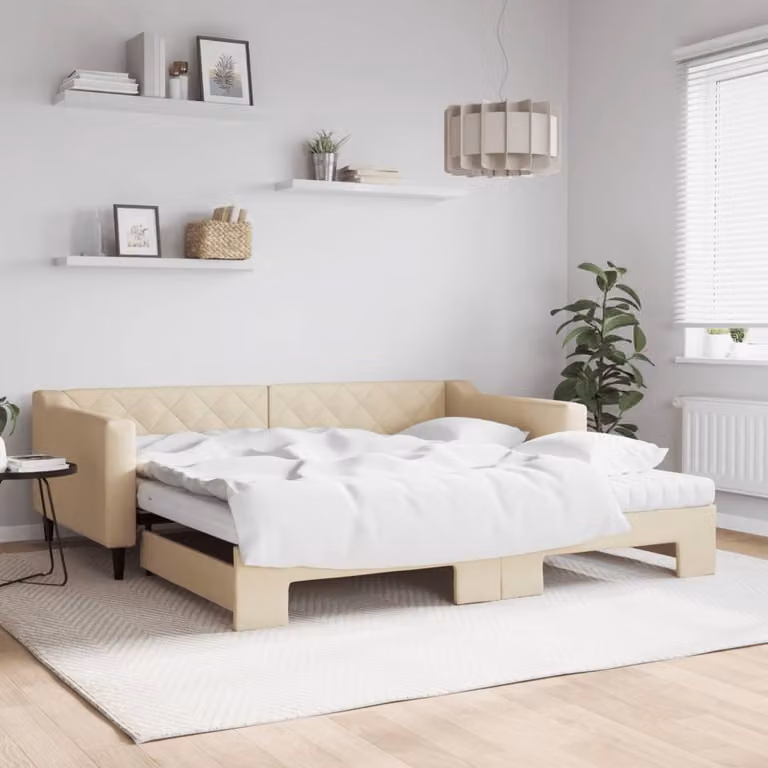 vidaXL Divano Letto Estraibile in Tessuto Beige con Materassi L/P/H: 200 x 100 x 67 cm