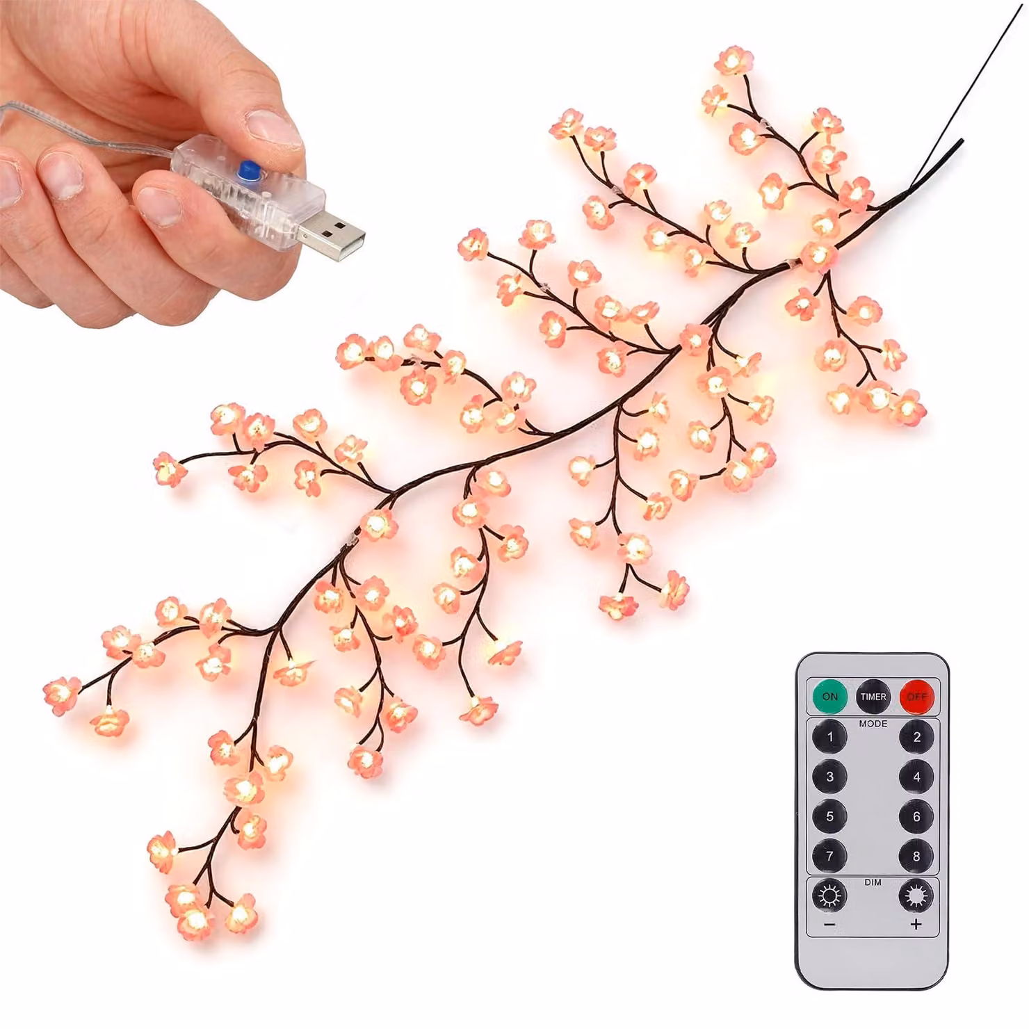 Catena luminosa a LED a forma di fiori di ciliegio, 230 cm, 144 LED, alimentazione USB, telecomando, timer