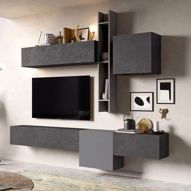 Parete Attrezzata Infinity 12 Redokasa Made in Italy, Design Moderno per Soggiorno, Sala da Pranzo o Cucina, Colore Grigio Ardesia/Piombo – 1