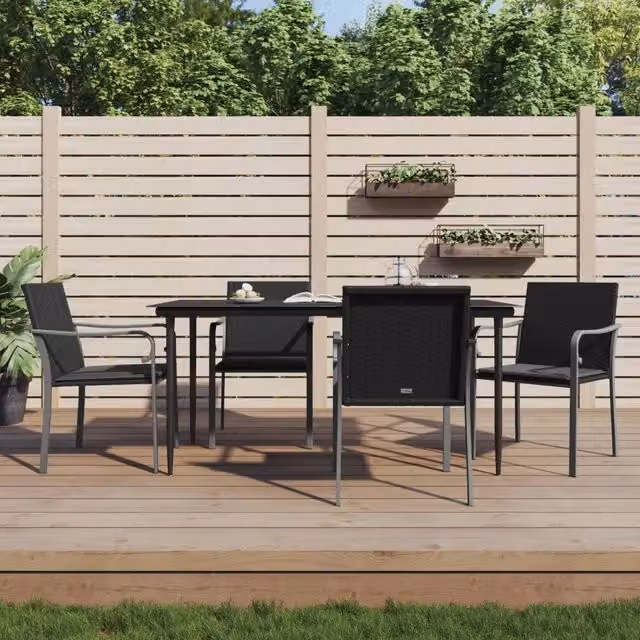 Set di 4 sedie da giardino vidaXL in polyrattan con cuscini neri e grigi, L: 56 cm, P: 59 cm, H: 84 cm