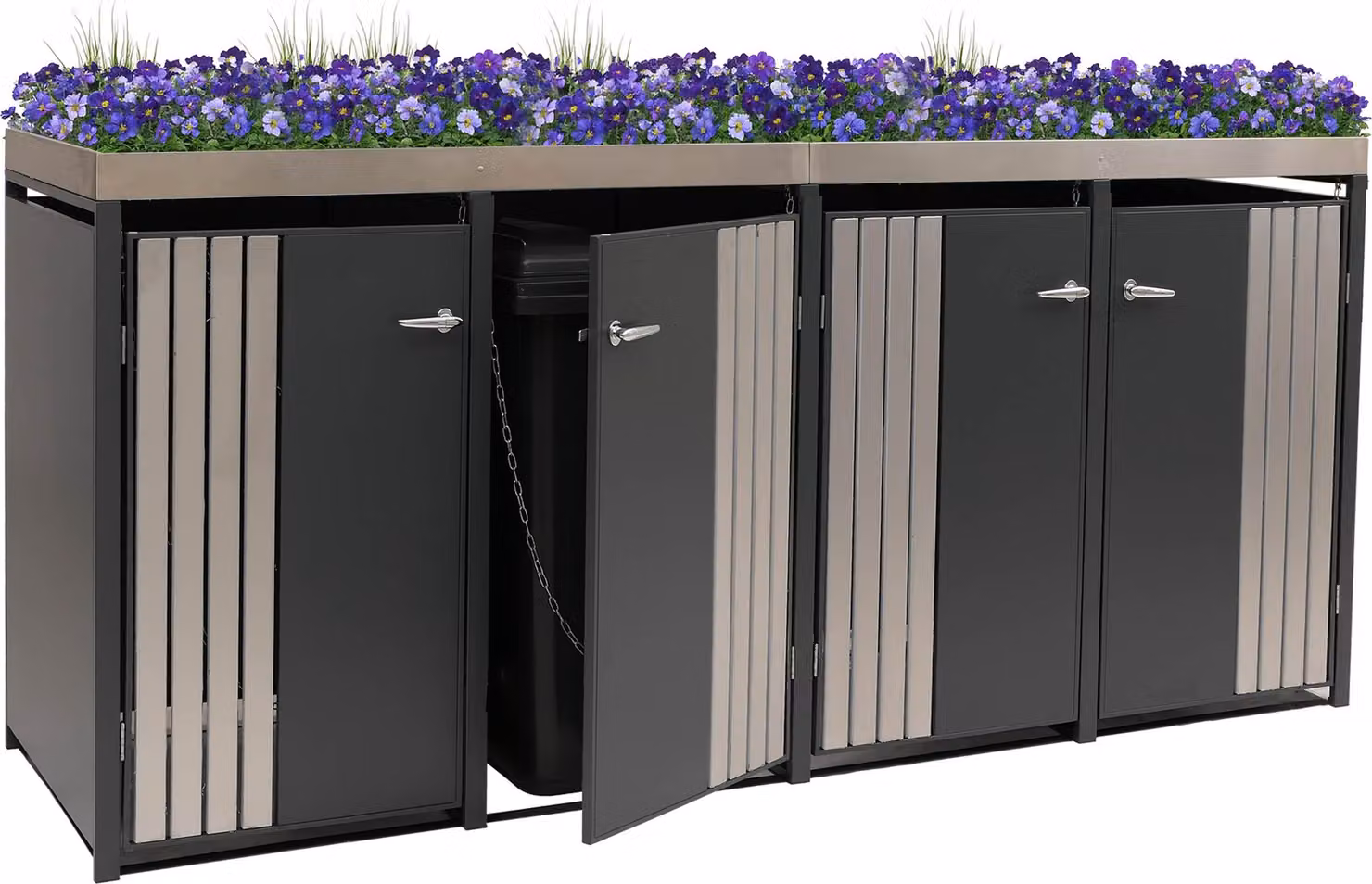 copri cestino a 4 scomparti HWC-O67, cestino con fioriera, metallo 125x260x84cm 95kg ~ acciaio inox antracite