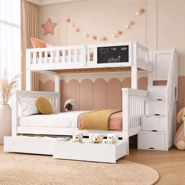 Letto a castello per bambini con lavagna e contenitori; bianco; in legno massello