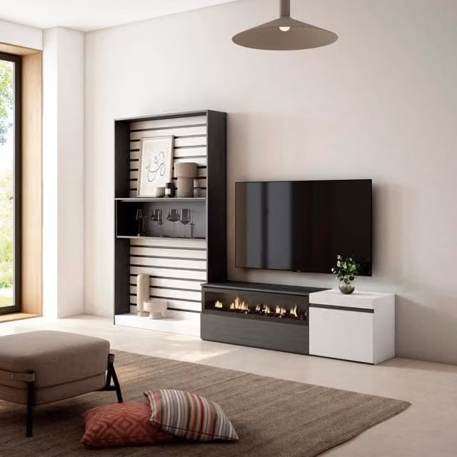 Mobile TV per soggiorno Skraut Home con camino elettrico, Bianco e nero, L: 260 cm, P: 35 cm, H: 186 cm – 1