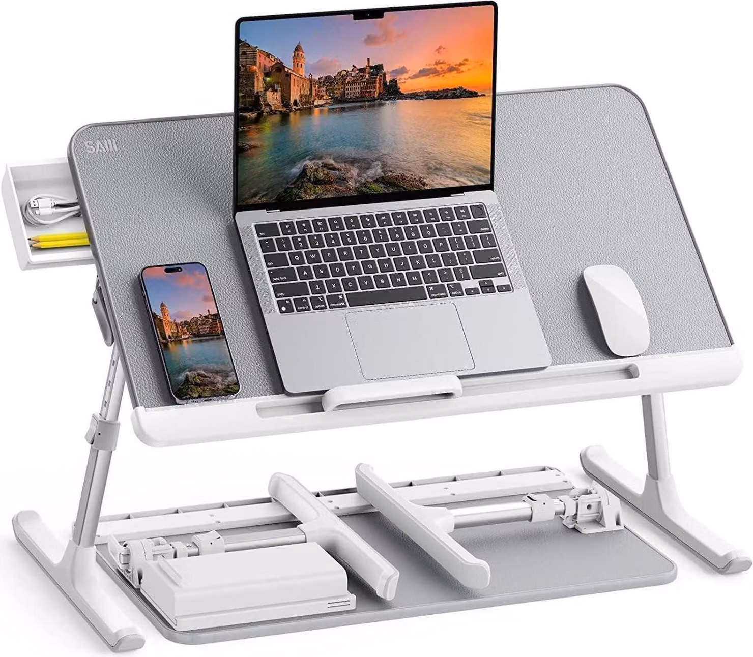 Tavolo da letto SAIJI 100% E0 piano in legno regolabile in altezza tavolo per laptop in pelle PVC
