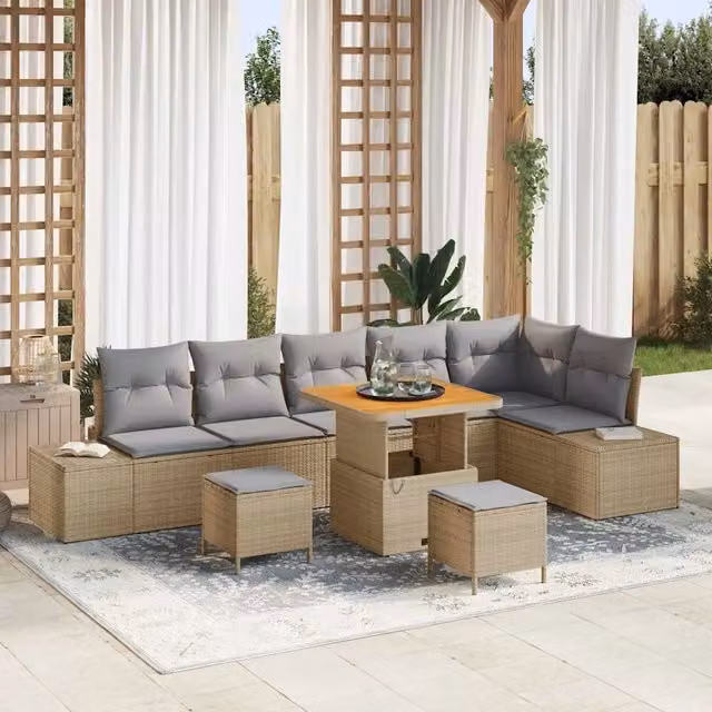 Set Divano da Giardino con cuscino 9 pcs Beige Poly Rattan
