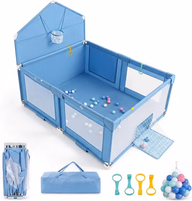 Centro attività pieghevole per bambini con canestro da basket e porta calcio, recinto per neonati 0-3 anni con borsa per il trasporto, Blu, L: 185 cm, P: 150 cm, H: 163 cm