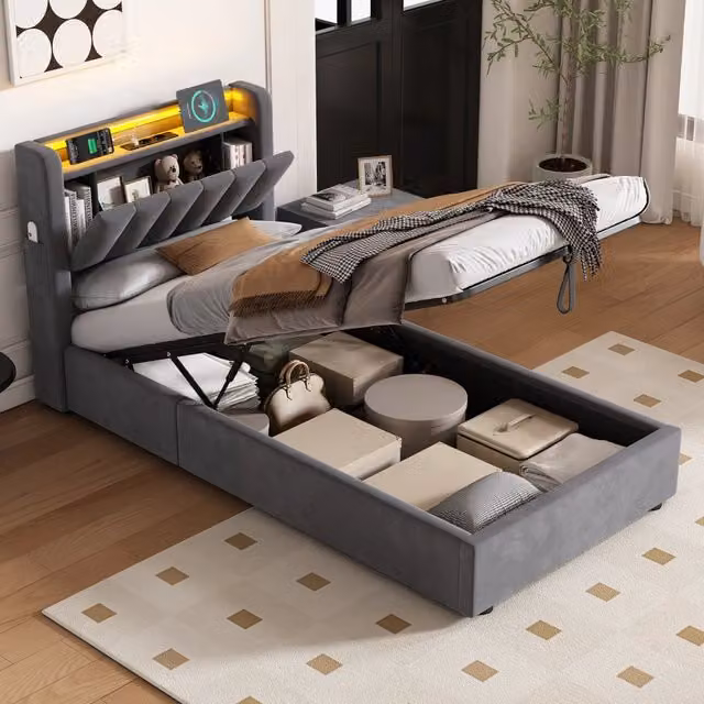 Letto singolo imbottito 90x190 cm in velluto con contenitore idraulico, LED e porte USB
