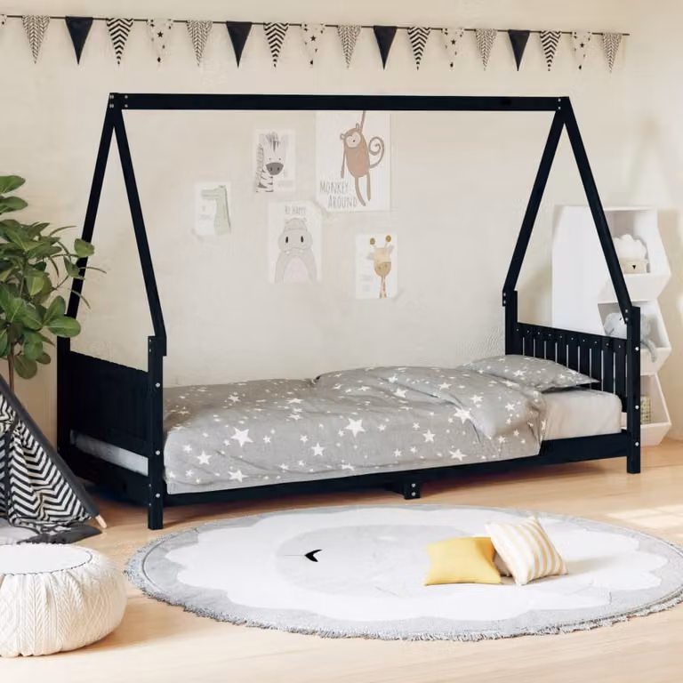vidaXL Giroletto per Bambini in Legno Massello di Pino Nero L: 200 cm, P: 80 cm, H: 146 cm