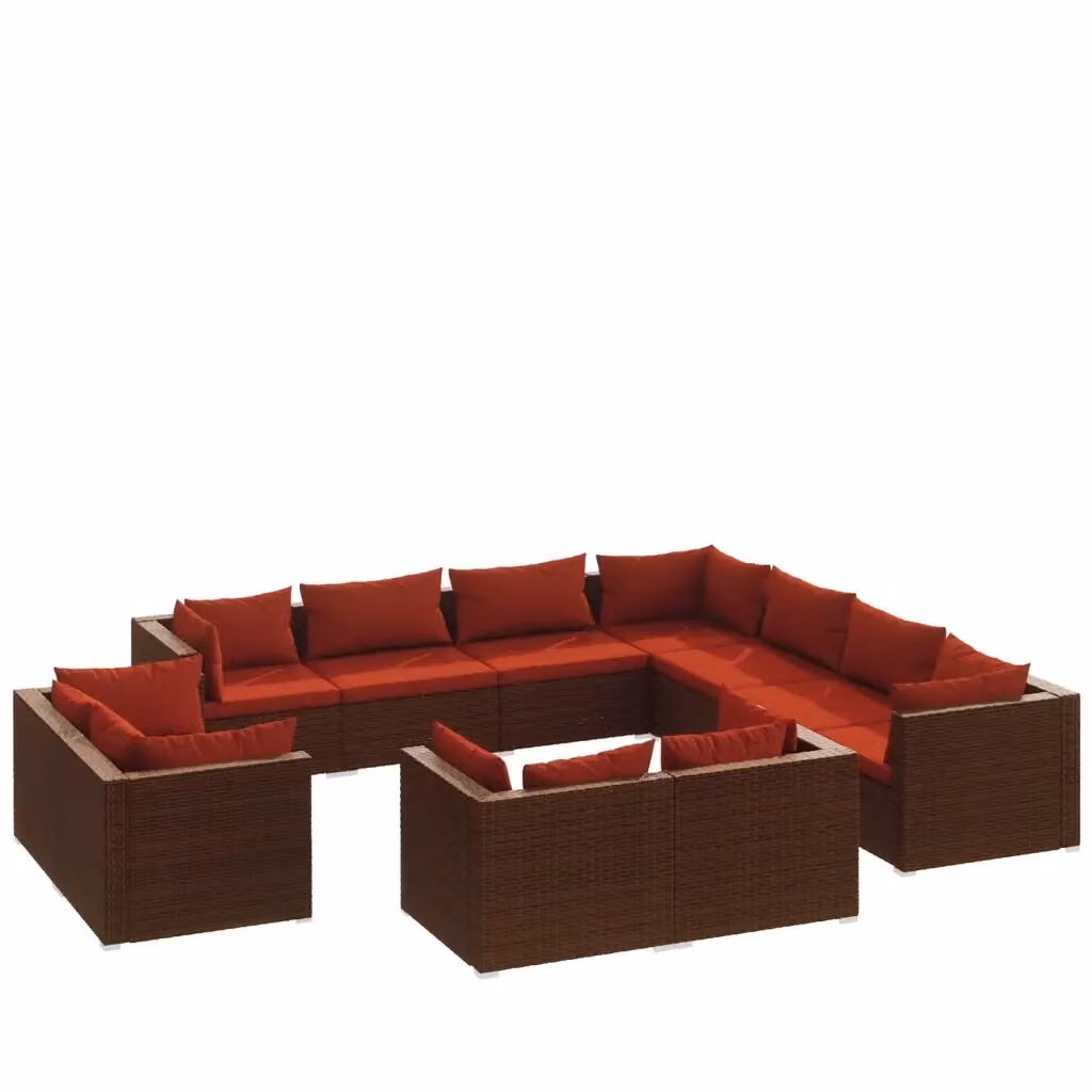 Set di Divani da Giardino a Forma di U con 11 Pezzi vidaXL, Polyrattan Marrone e Rosso con Cuscini Rimovibili – 2