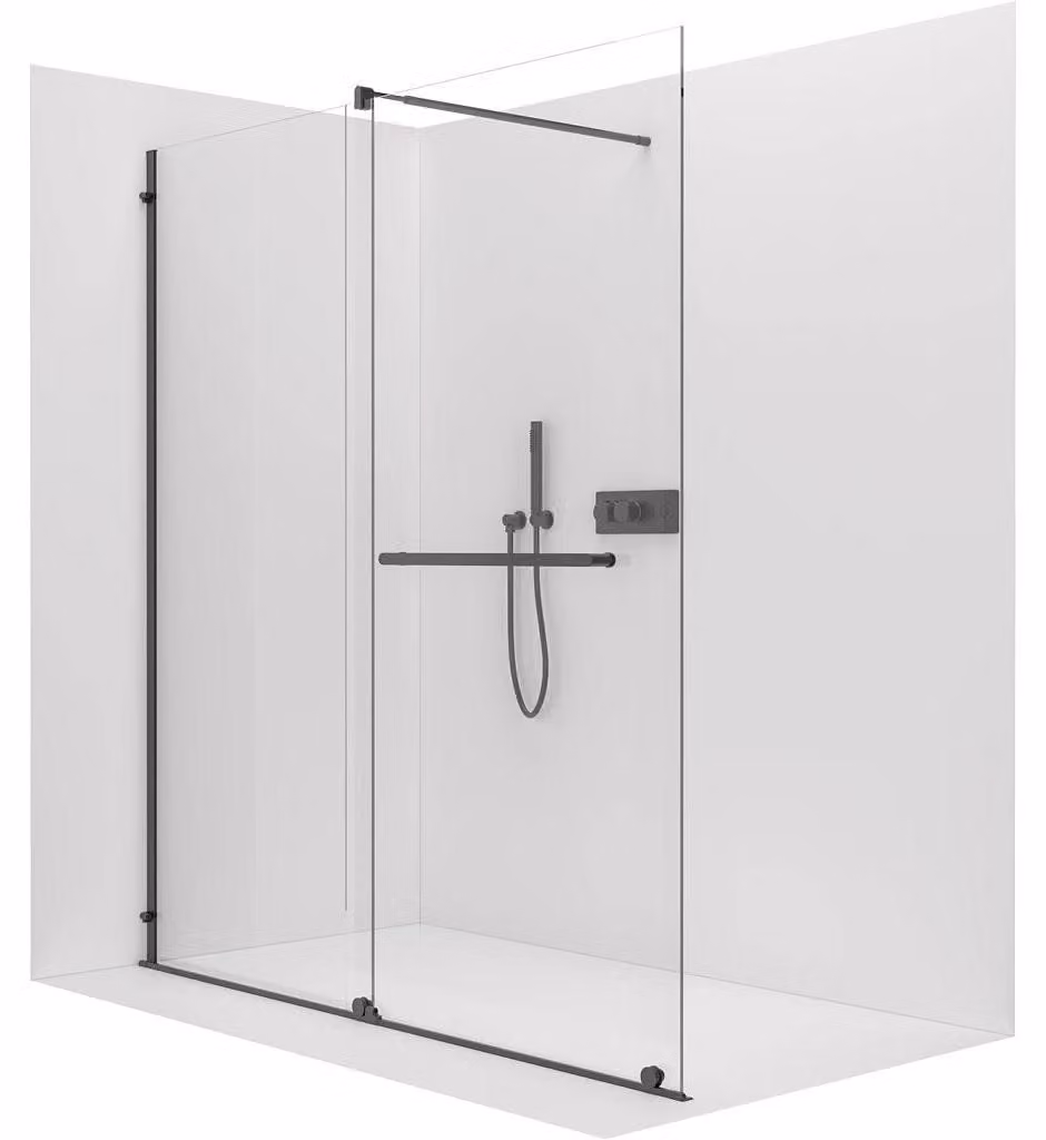 Pannello doccia angolare Walk-in Medin L/P - 8 mm - nero opaco, vetro trasparente - 130x195 cm - a due ante scorrevoli