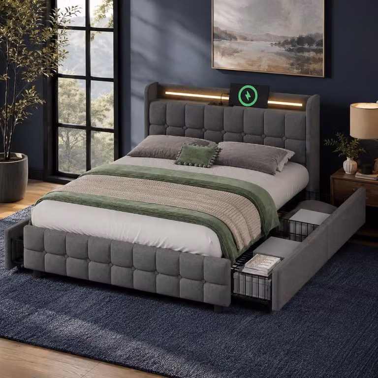 Letto imbottito 160x200 cm con funzione di ricarica USB, illuminazione LED e 4 cassetti, struttura del letto con rete a doghe in legno e testiera imbottita, colore grigio