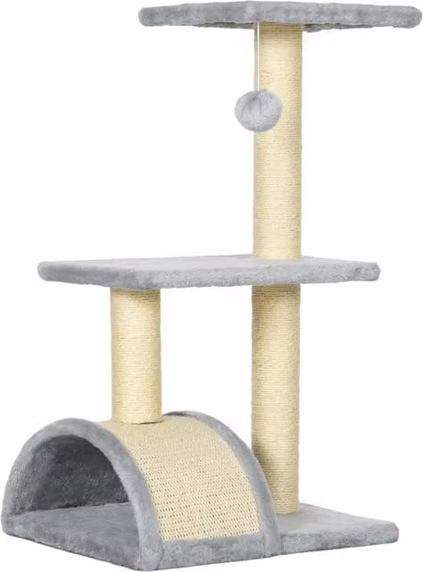 Albero per gatti PawHut a 3 livelli con tiragraffi in sisal e giocattoli integrati, L: 40 cm, P: 35 cm, H: 72 cm, Grigio