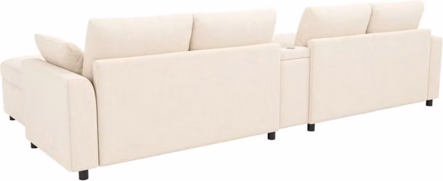 Divano angolare modulare a 6 posti in Chenille beige con 2 pouf contenitore, consolle centrale multifunzione con USB e porta Type-C