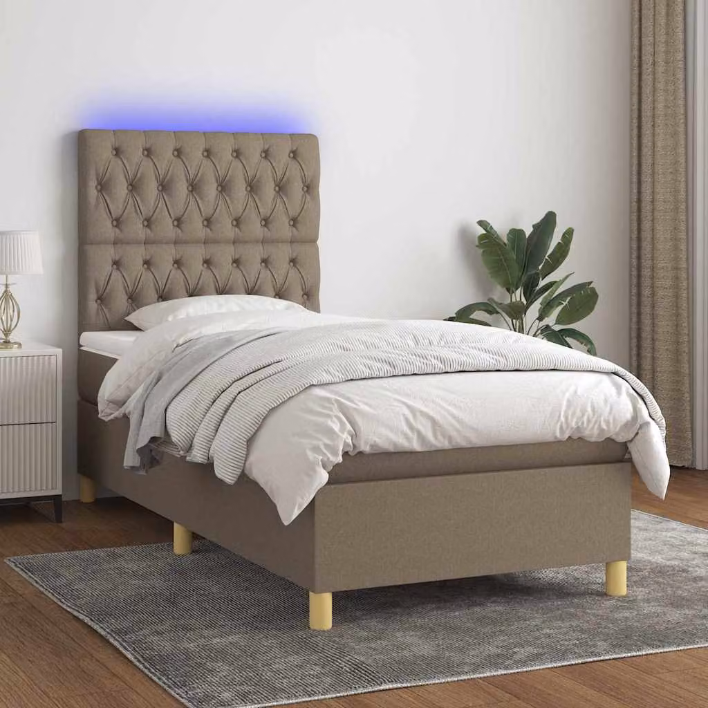 Letto a molle con materasso e illuminazione LED vidaXL in tessuto Tortora L 90 cm x P 190 cm – 1