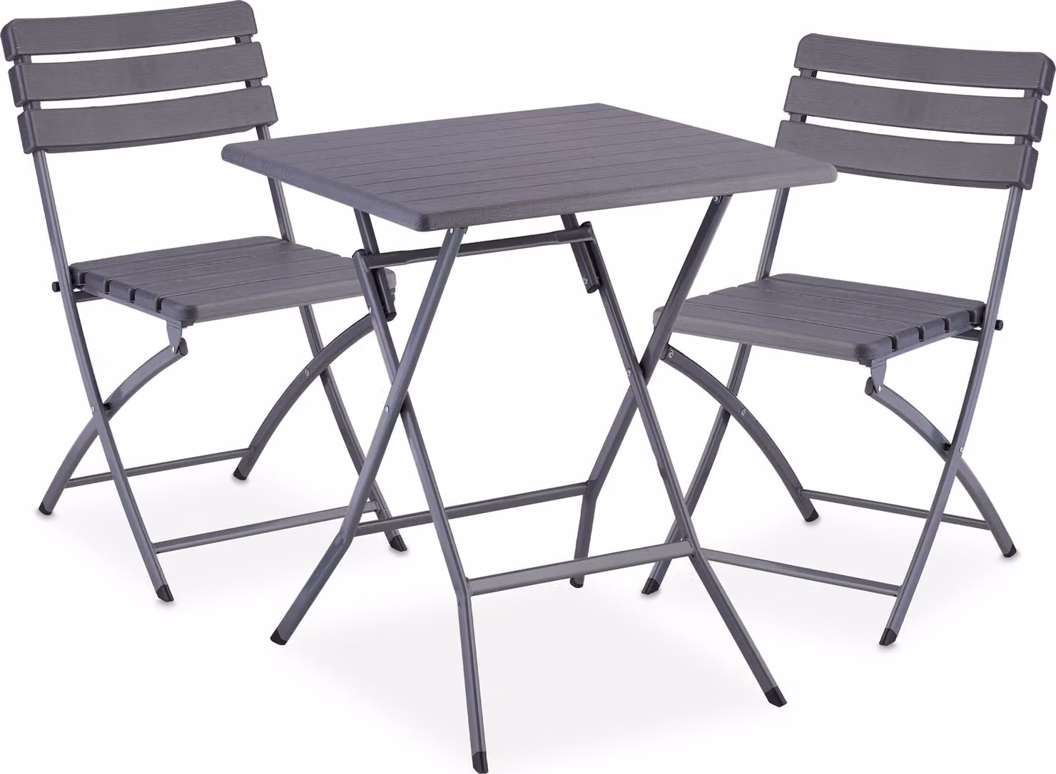 Set di mobili da balcone Relaxdays, 3 pezzi, 1 tavolo e 2 sedie, pieghevoli, set da giardino effetto legno, acciaio e plastica, grigio