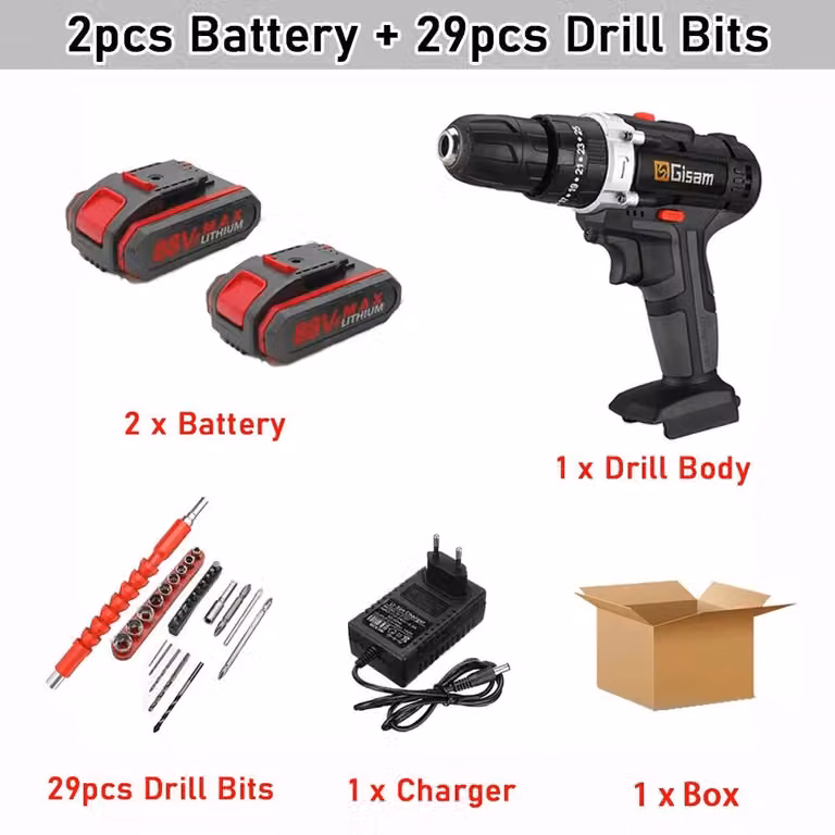 Trapano avvitatore a batteria - Trapano senza fili da 21V - 2 velocità - 2 batterie al litio - Coppia di serraggio di 28 Nm - 1200 giri/min - Confezione: scatola di cartone
