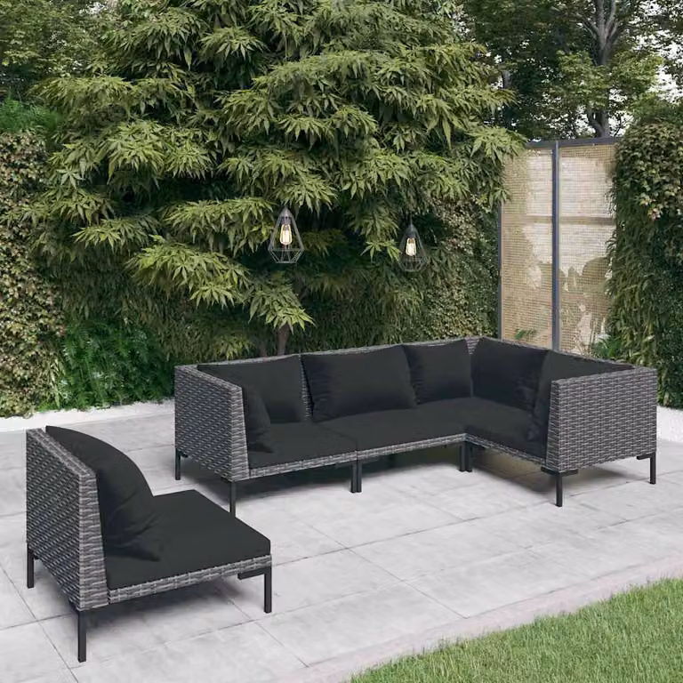 Set di divani da giardino vidaXL a forma di L composto da 5 pezzi con cuscini in schiuma e rivestimenti rimovibili, struttura in metallo e rattan, colore grigio scuro e nero