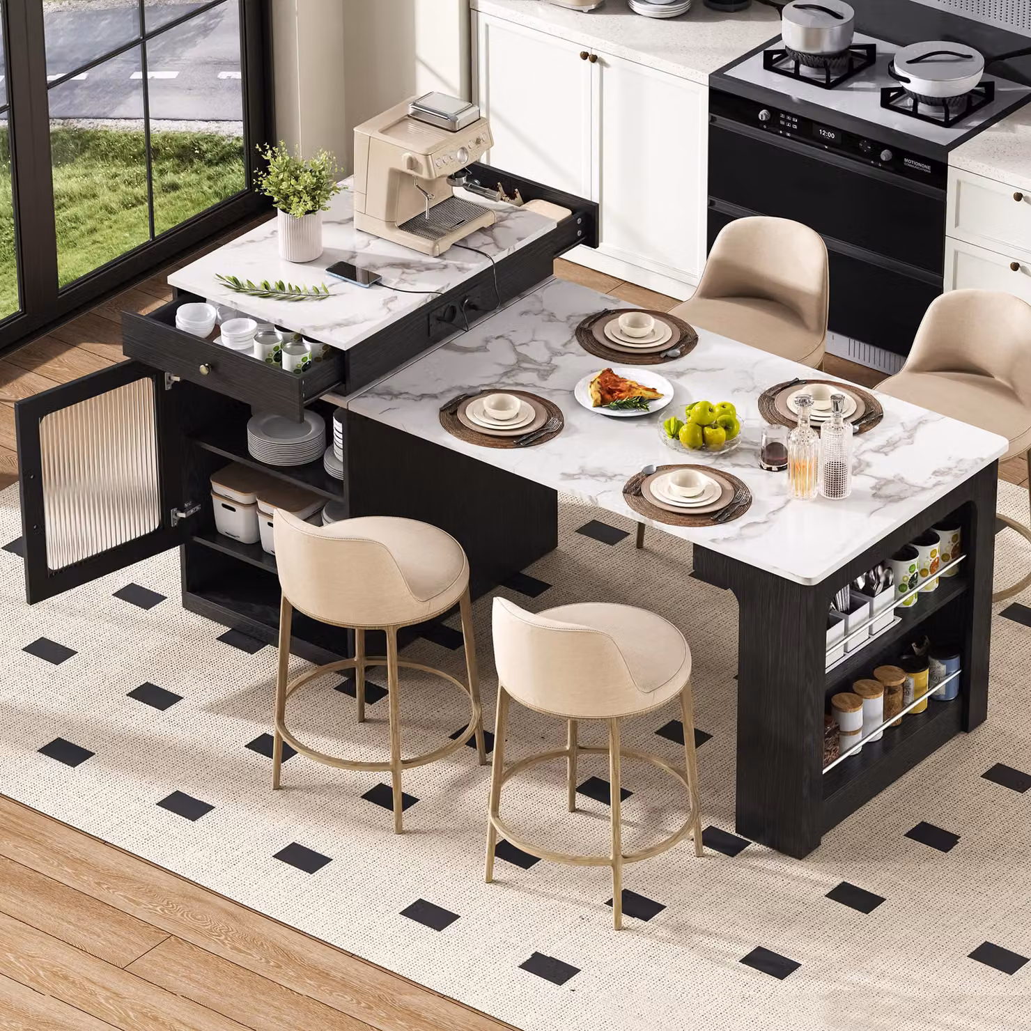 Flieks Tavolo da pranzo allungabile con piano rimovibile, tavolo da bar con presa multipla, tavolo da pranzo 71-151 x 80 x 92 cm, nero