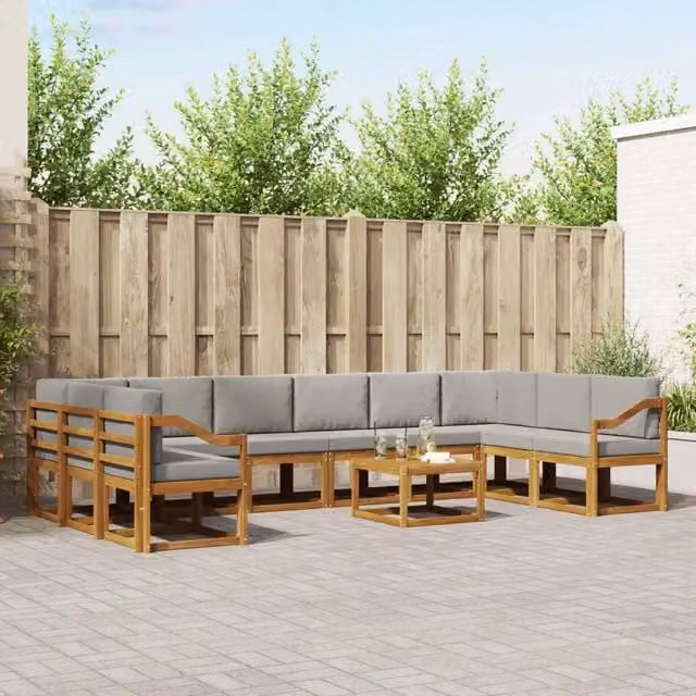 Set di divani da esterno a L vidaXL in legno di acacia con cuscini grigi e tavolino da giardino