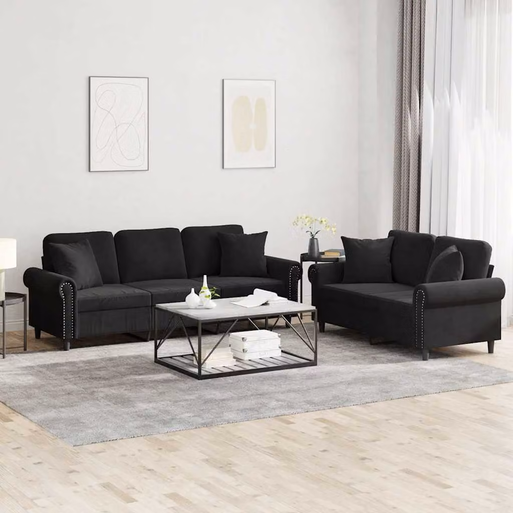 Set di 2 divani vidaXL in velluto nero con cuscini per soggiorno moderno – 1