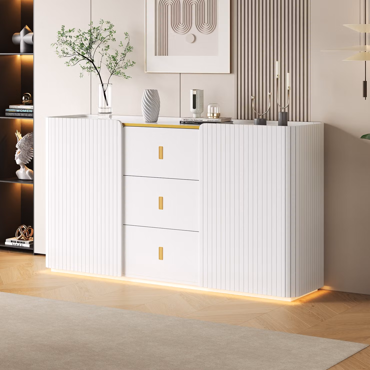 MODFU LED Armadio da cucina con 2 ante, 2 cassetti, armadio alto da buffet con illuminazione a LED per soggiorno, camera da letto, bianco