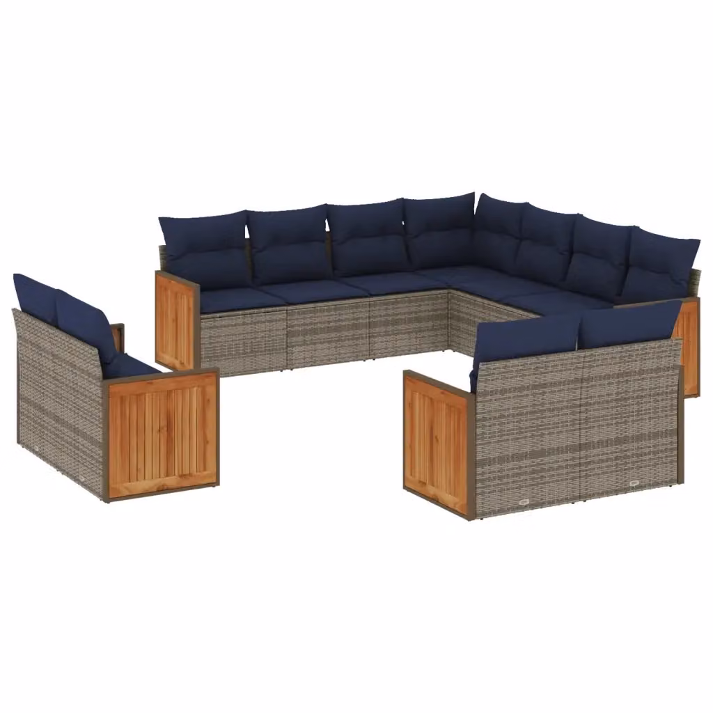 Set di divani da giardino vidaXL composto da 11 pezzi con cuscini grigi e blu in rattan e legno di acacia con struttura in acciaio verniciato a polvere – 2
