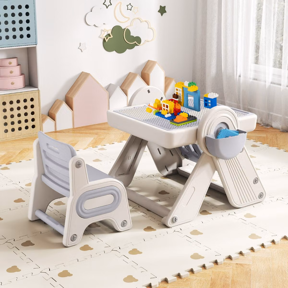Costway Set tavolo e sedia multifunzione 6 in 1 per bambini, cavalletto pieghevole con piano reversibile e porta penne, Grigio