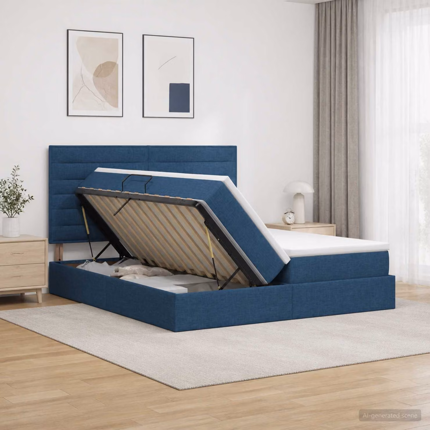 Letto con contenitore e illuminazione LED vidaXL in tessuto blu, L/P/H: 200 x 200 x 40 cm
