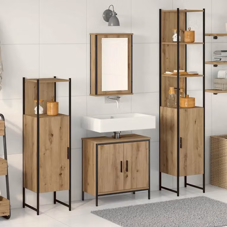 Set di mobili per il bagno moderno vidaXL in legno marrone e nero, composto da armadietto con specchio, mobile lavabo, colonna alta e mobile laterale, L/P/H: 33 x 33 x 185,5 cm